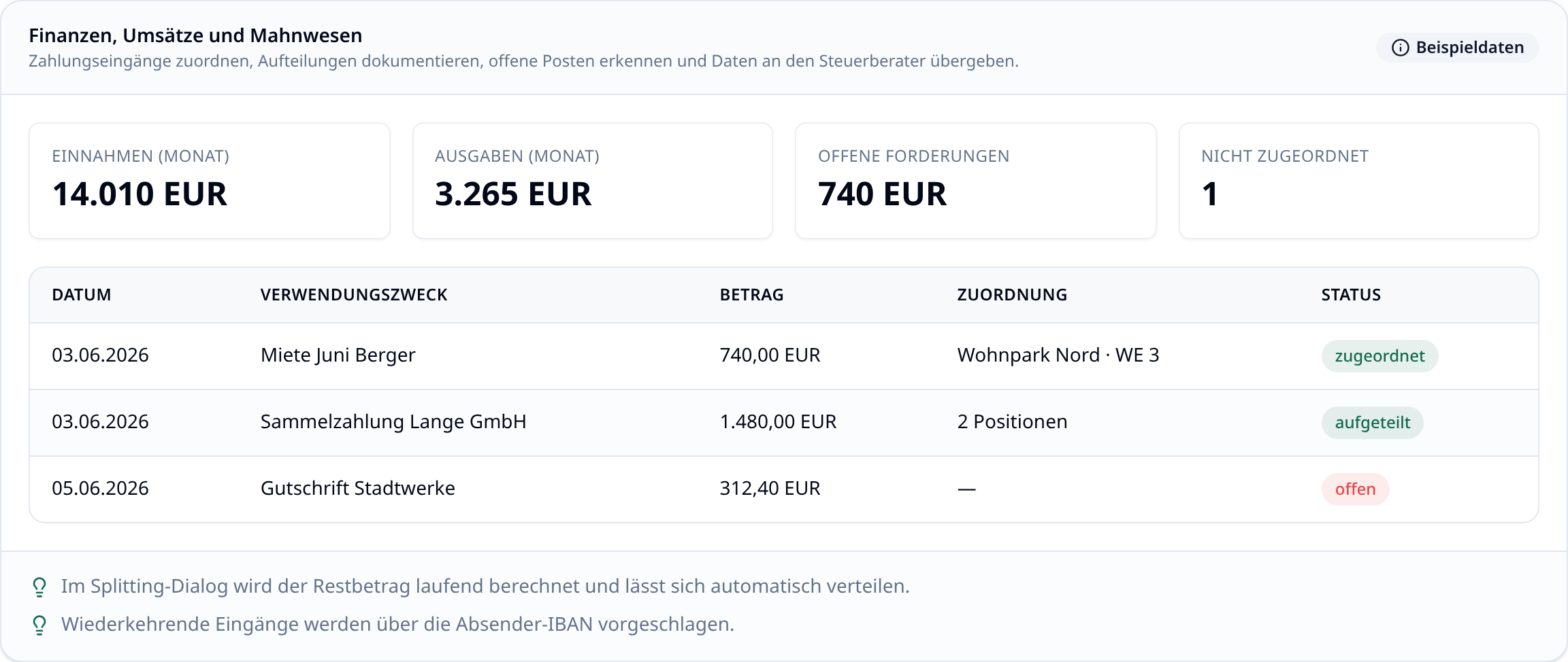 Umsatzübersicht in immoflow mit Zahlungseingängen und Status