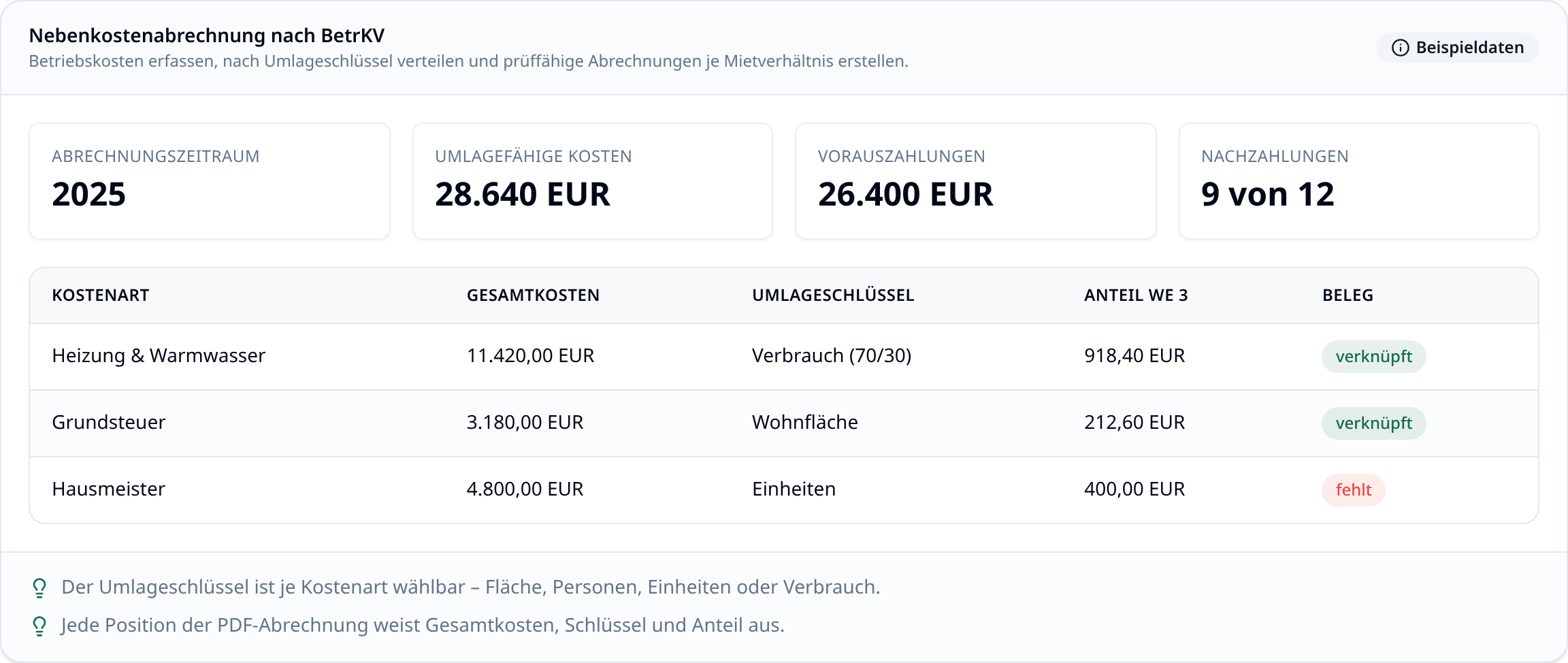 Nebenkostenabrechnung in immoflow mit Kostenarten und Verteilung
