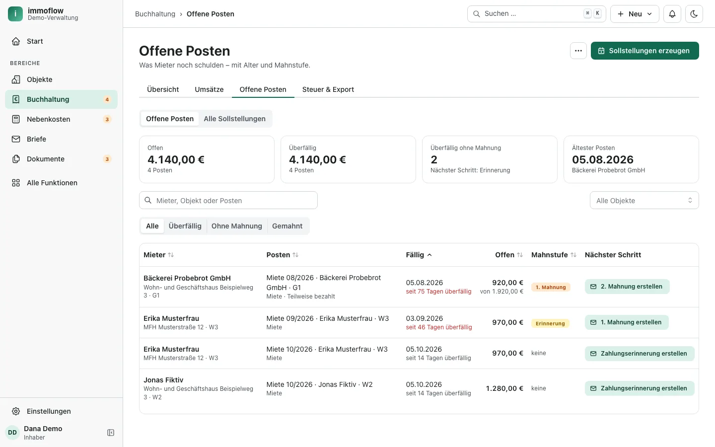Offene Posten: unbezahlte Sollstellungen je Mietverhältnis mit Fälligkeit (Beispieldaten)