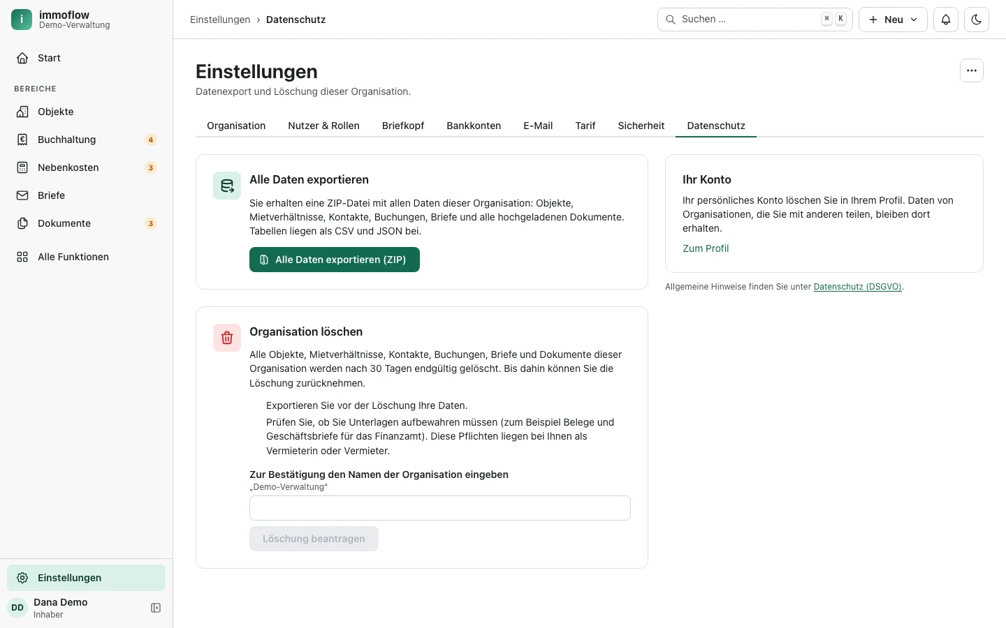 Einstellungen, Datenschutz: alle Daten der Organisation exportieren oder die Löschung beantragen