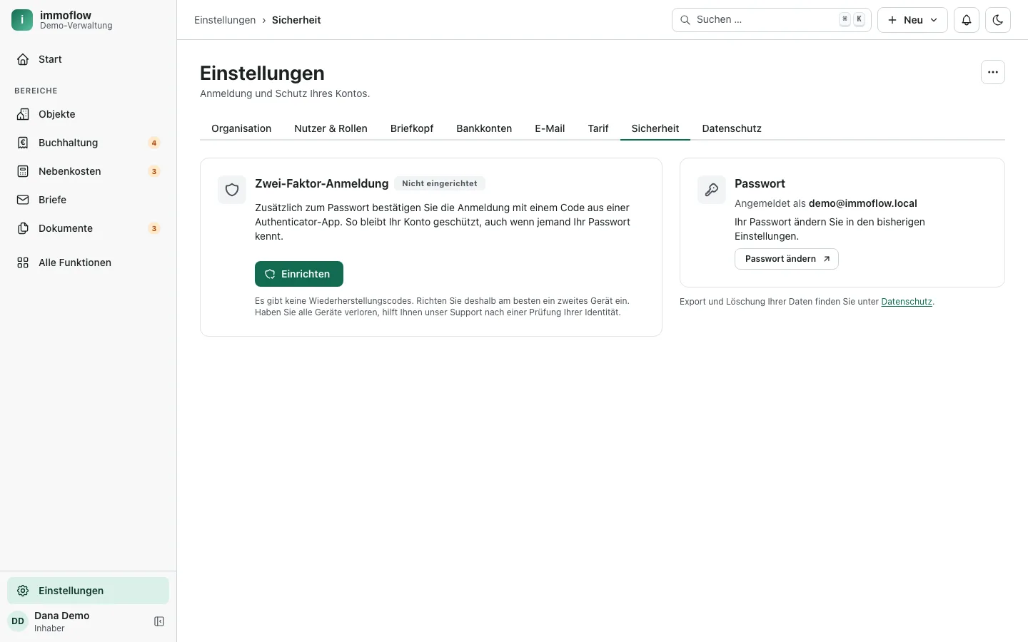 Einstellungen, Sicherheit: Zwei-Faktor-Anmeldung mit einer Authenticator-App einrichten