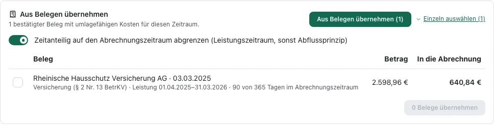 Nebenkostenabrechnung, Schritt Kosten: „Aus Belegen übernehmen“ mit zeitanteiliger Abgrenzung, 90 von 365 Tagen im Abrechnungszeitraum (Demo-Daten)