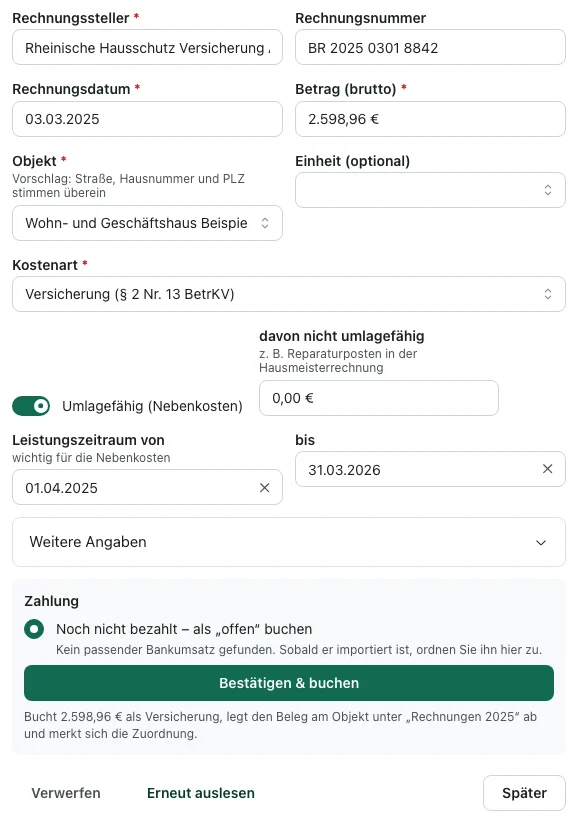 Panel „Beleg prüfen“: Rechnungssteller, Nummer, Datum, Betrag, vorgeschlagenes Objekt, Kostenart, Leistungszeitraum und der Knopf „Bestätigen & buchen“ (Demo-Daten)